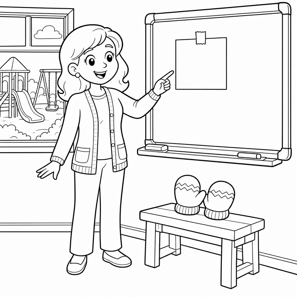 A teacher points to a blank note on a classroom whiteboard with a pair of mittens resting on a bench nearby and a playground visible through a window.