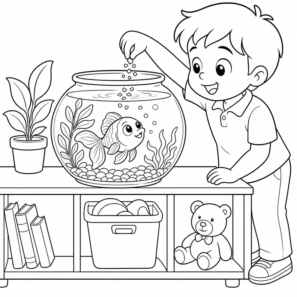 A line drawing of a round fish tank on a classroom shelf with one goldfish swimming inside while a child's hand drops food flakes into the water.