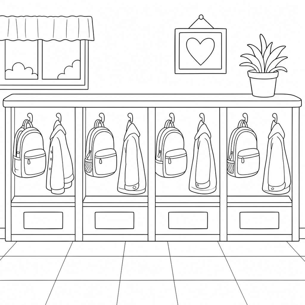 A row of four classroom cubbies along a wall, with a backpack and a jacket hanging on hooks above them and a blank name tag on the front of each cubby.