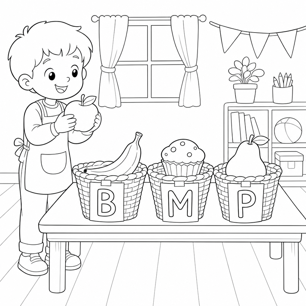 Three labeled baskets on a snack table hold a banana, a muffin, and a pear while a child holds an apple to sort.