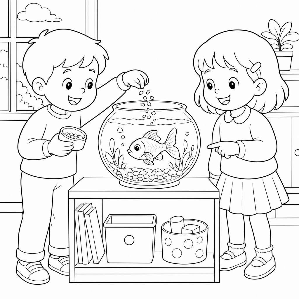 Two kindergarten children stand by a fishbowl, feeding and watching their pet goldfish in a classroom.