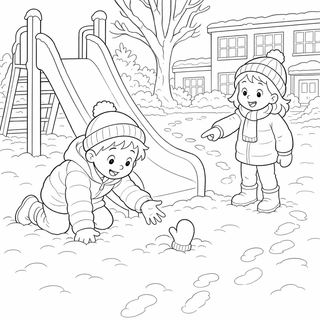 A child in winter clothes kneels by a playground slide reaching for a mitten in the snow while a friend points and smiles.
