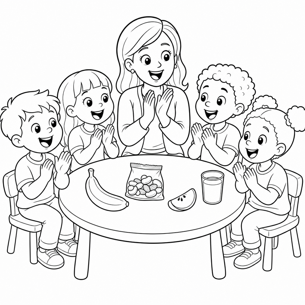 A teacher and four young children clap their hands around a small table holding a banana, nuts, an apple slice, and a cup of milk.