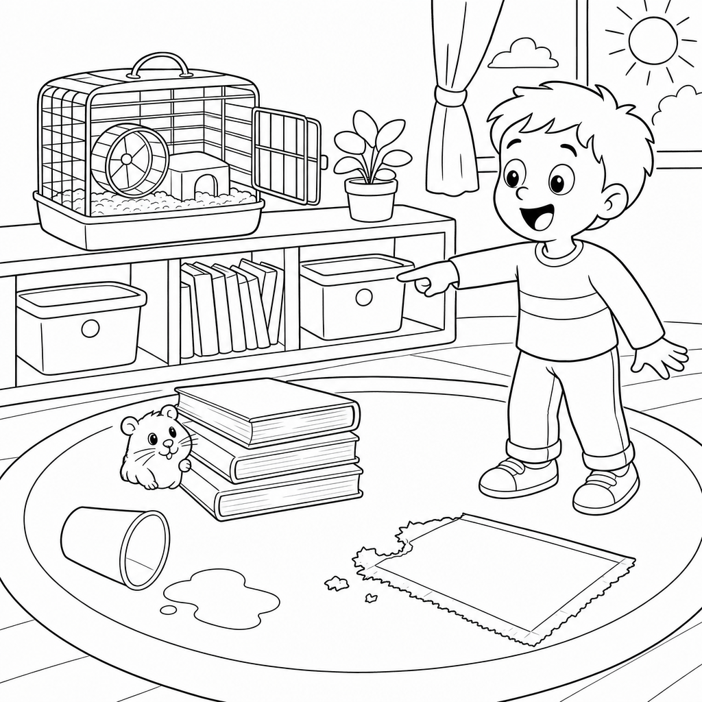 A kindergarten classroom with an open hamster cage, a peeking hamster behind books, a tipped cup, a chewed mat, and a surprised child pointing.