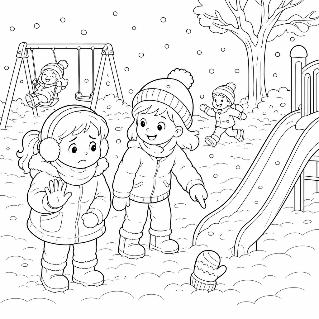 A girl with one bare hand looks sad while her friend points to a mitten in the snow under a playground slide.