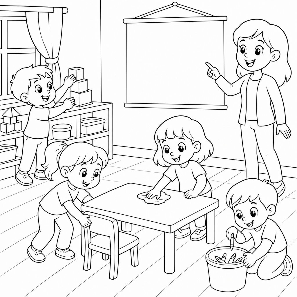 Four kindergarten children clean the classroom by stacking blocks, pushing in a chair, wiping a table, and putting crayons away while a teacher points to a chart.