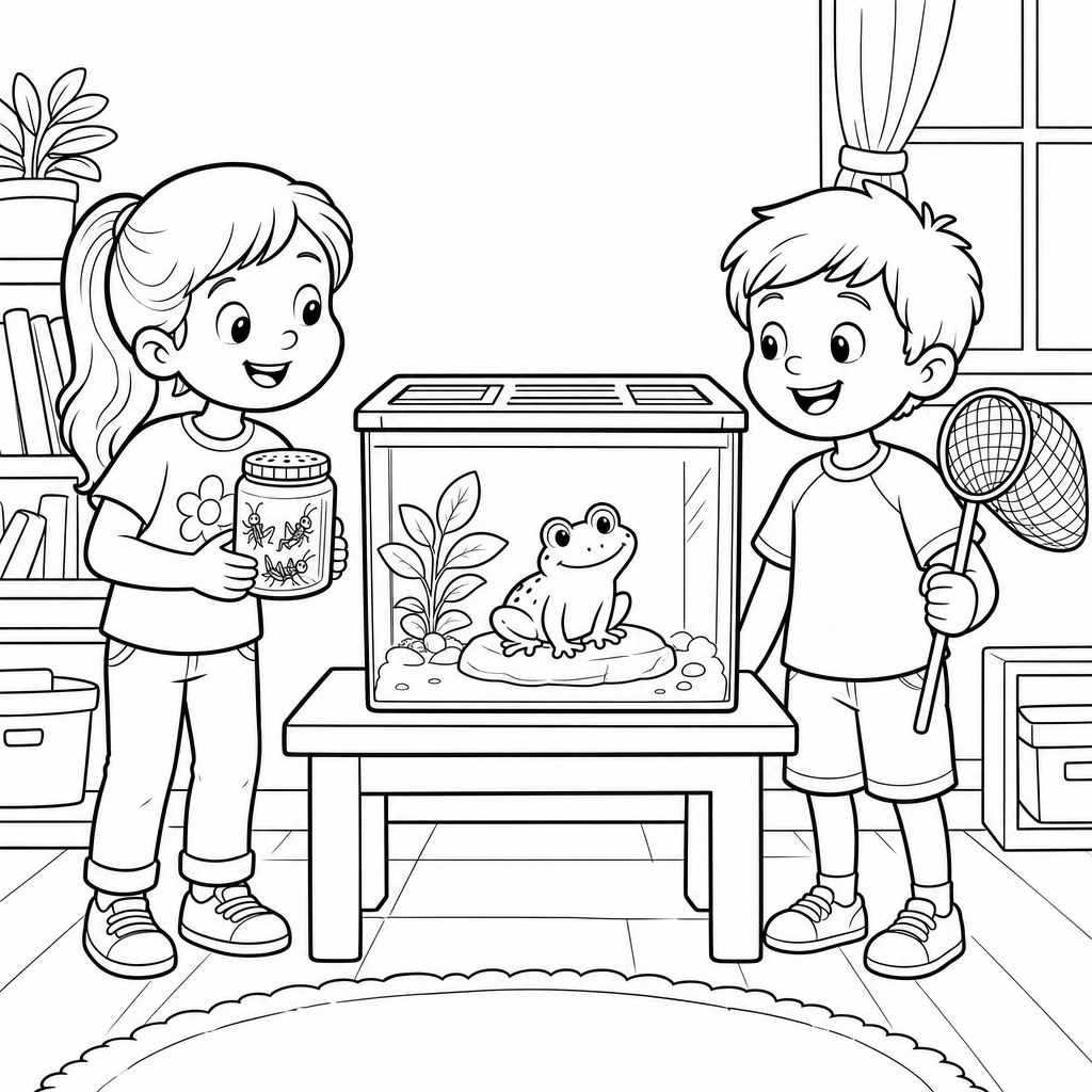 Two first graders stand beside a glass tank holding a frog sitting on a flat rock.
