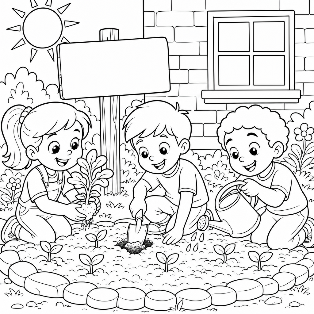 Three first graders kneel in a school garden bed planting a small green seedling, digging with a trowel, and pouring water from a watering can next to a blank wooden garden sign.