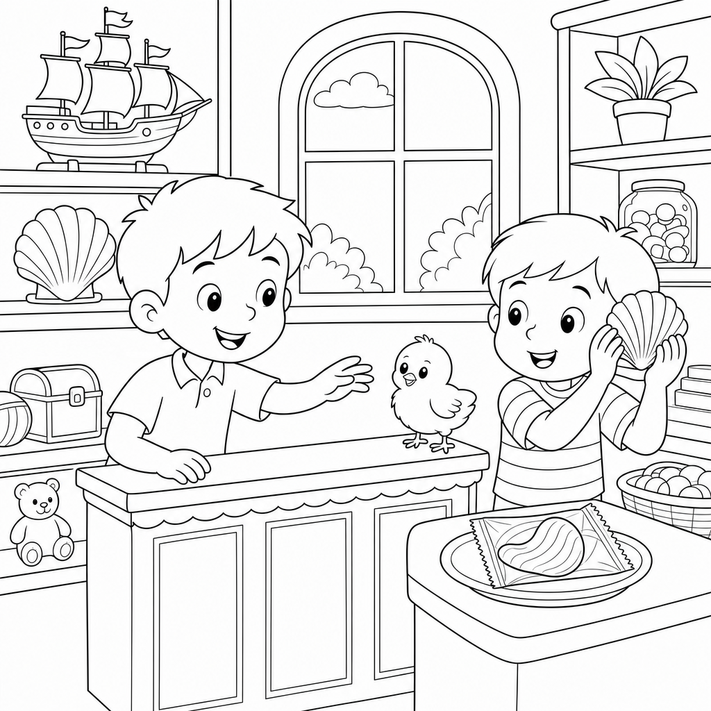 Two Grade 1 children, Chad and Shen, inside a small shop where a sailing ship, a seashell, a chick, and a chip are on display, inviting kids to spot sh and ch words.