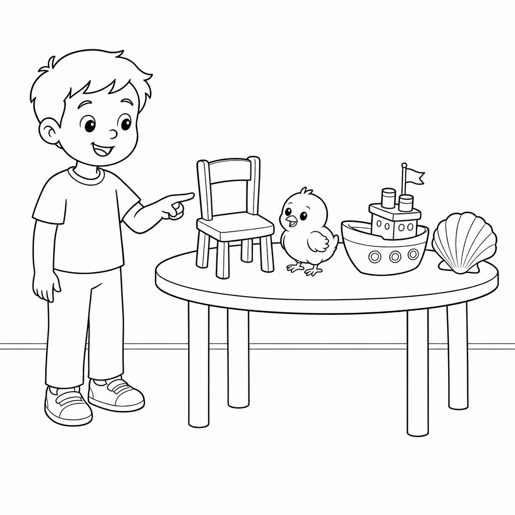 A Grade 1 child points at four everyday objects in a classroom corner: a chair, a chick, a toy ship, and a seashell.