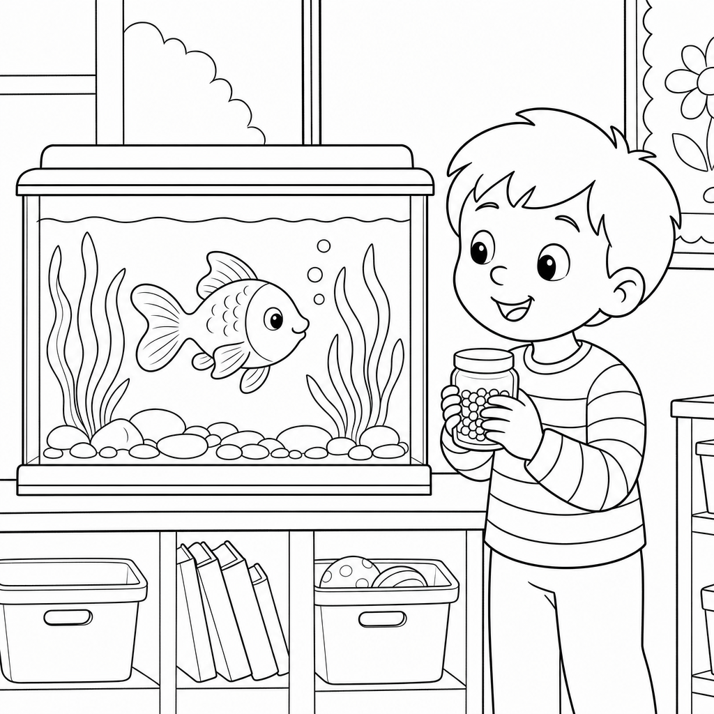 A smiling first-grade child stands next to a glass tank holding a jar of fish food while a goldfish swims among plants and rocks.