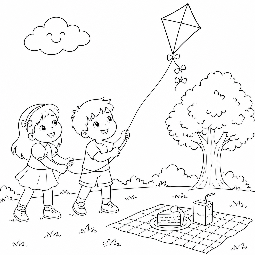 A girl and a boy stand on the grass at a sunny park flying a kite together, with a picnic blanket holding cake nearby.