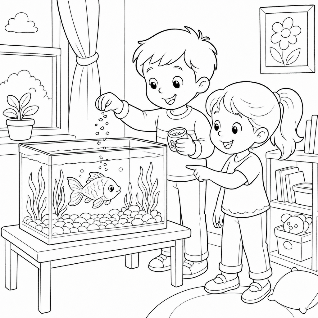 Two first-grade children stand by a fish tank and feed a goldfish swimming inside.