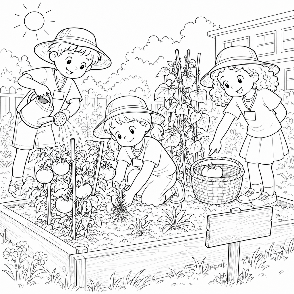 Three first-grade students in sun hats work together in a school garden, watering plants, pulling a weed, and picking a ripe tomato.