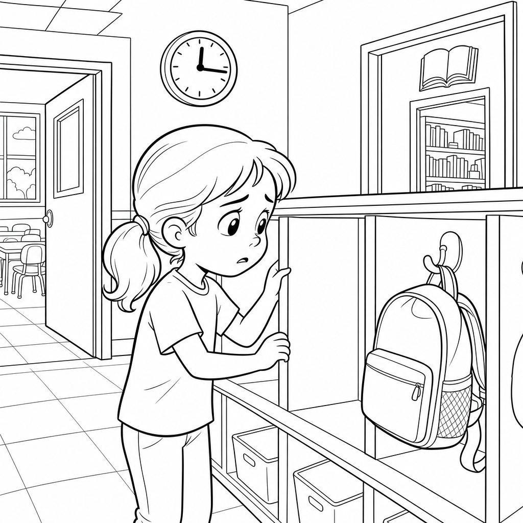 A young girl with a worried face looks into an empty cubby in a school hallway, with a classroom door and library entrance behind her.