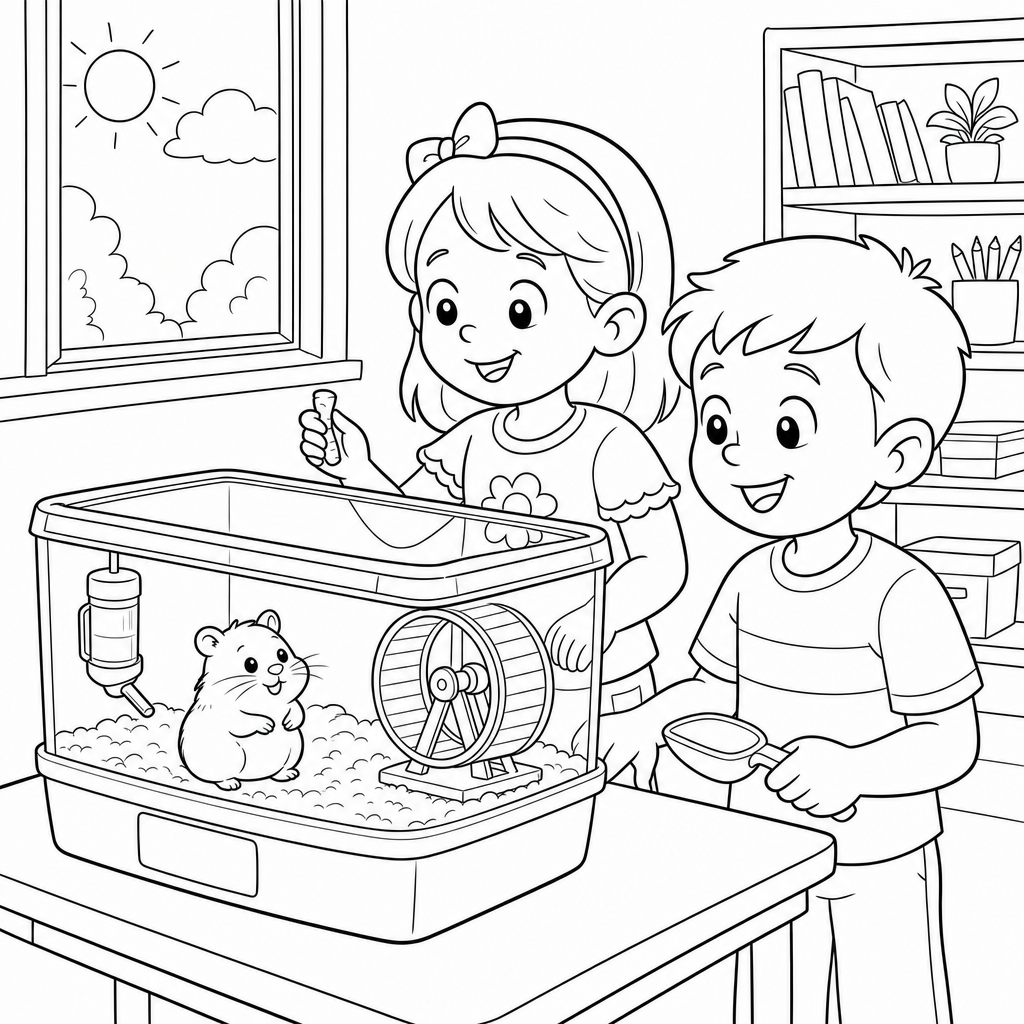 A classroom hamster named Peanut sits in a cage with a water bottle and wheel while two children stand nearby with a carrot and a scoop.