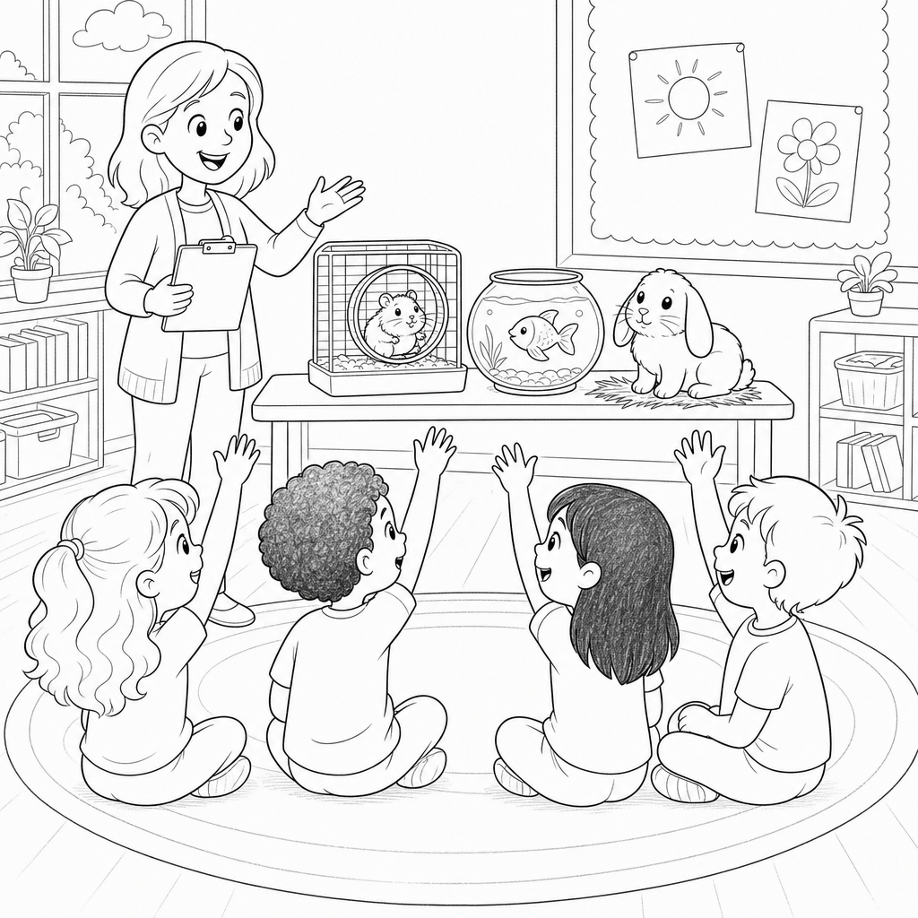 A teacher shows three classroom pet choices, a hamster, a goldfish, and a bunny, to four first-grade students sitting on a rug with raised hands.