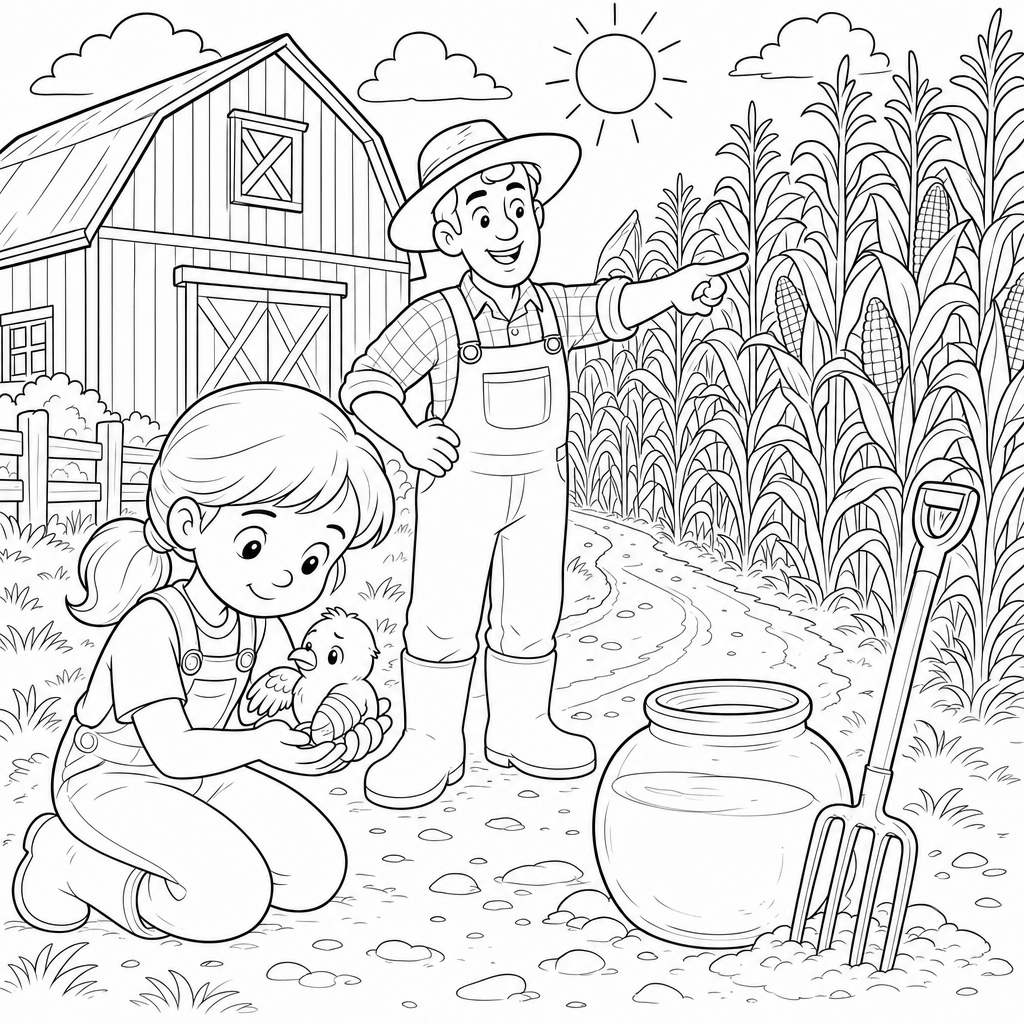 A girl in overalls gently holds a small hurt bird while a farmer in a wide-brim hat points toward a corn field next to a big barn.