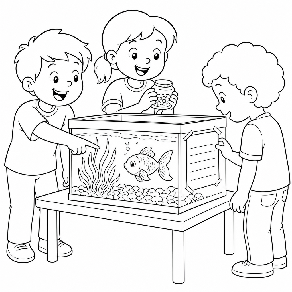 Three first grade students stand around a glass fish tank with a goldfish, a food jar, and a care rules chart in a classroom.