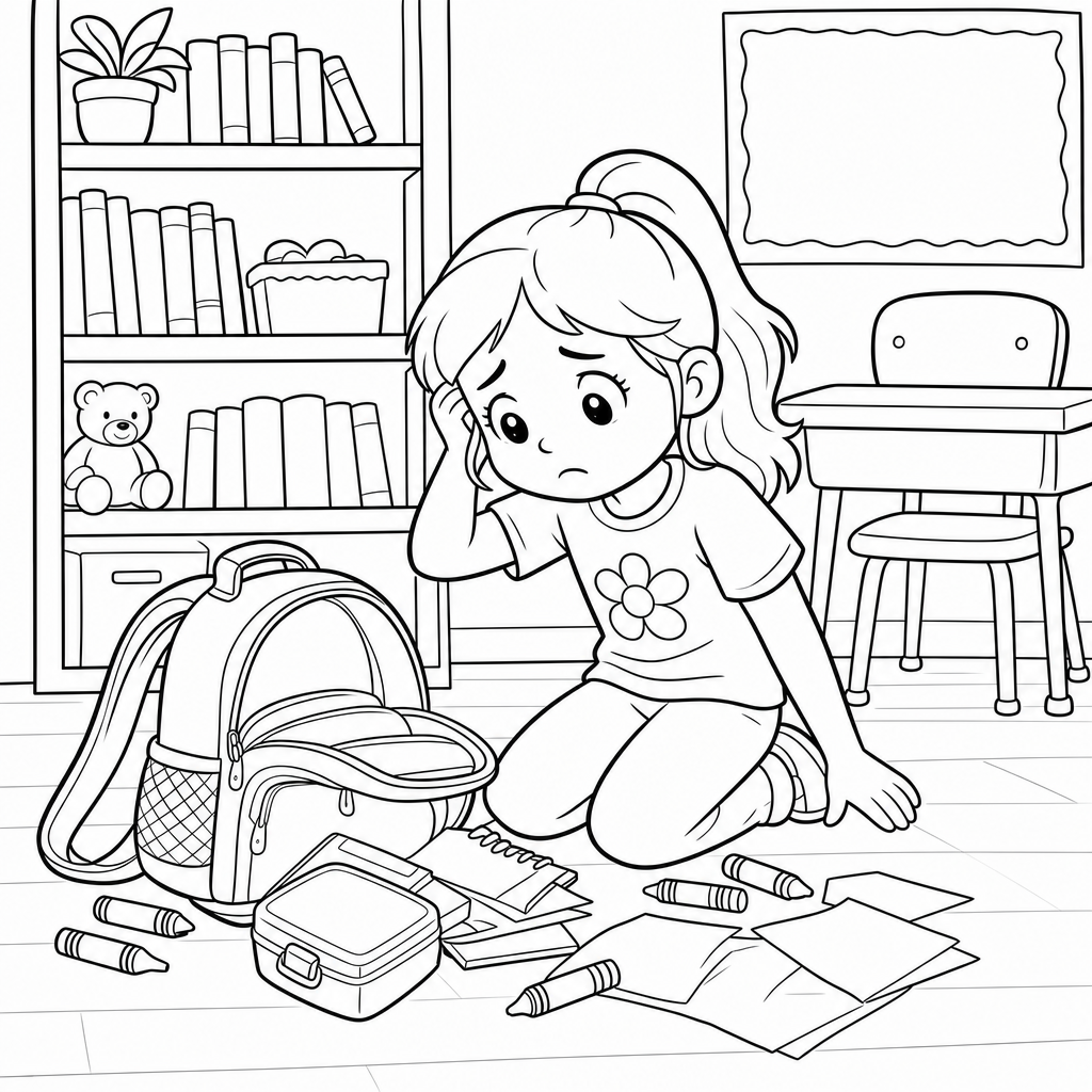 A worried first-grade girl kneels by her open backpack on the classroom floor as crayons, a lunchbox, and papers spill out near a bookshelf.