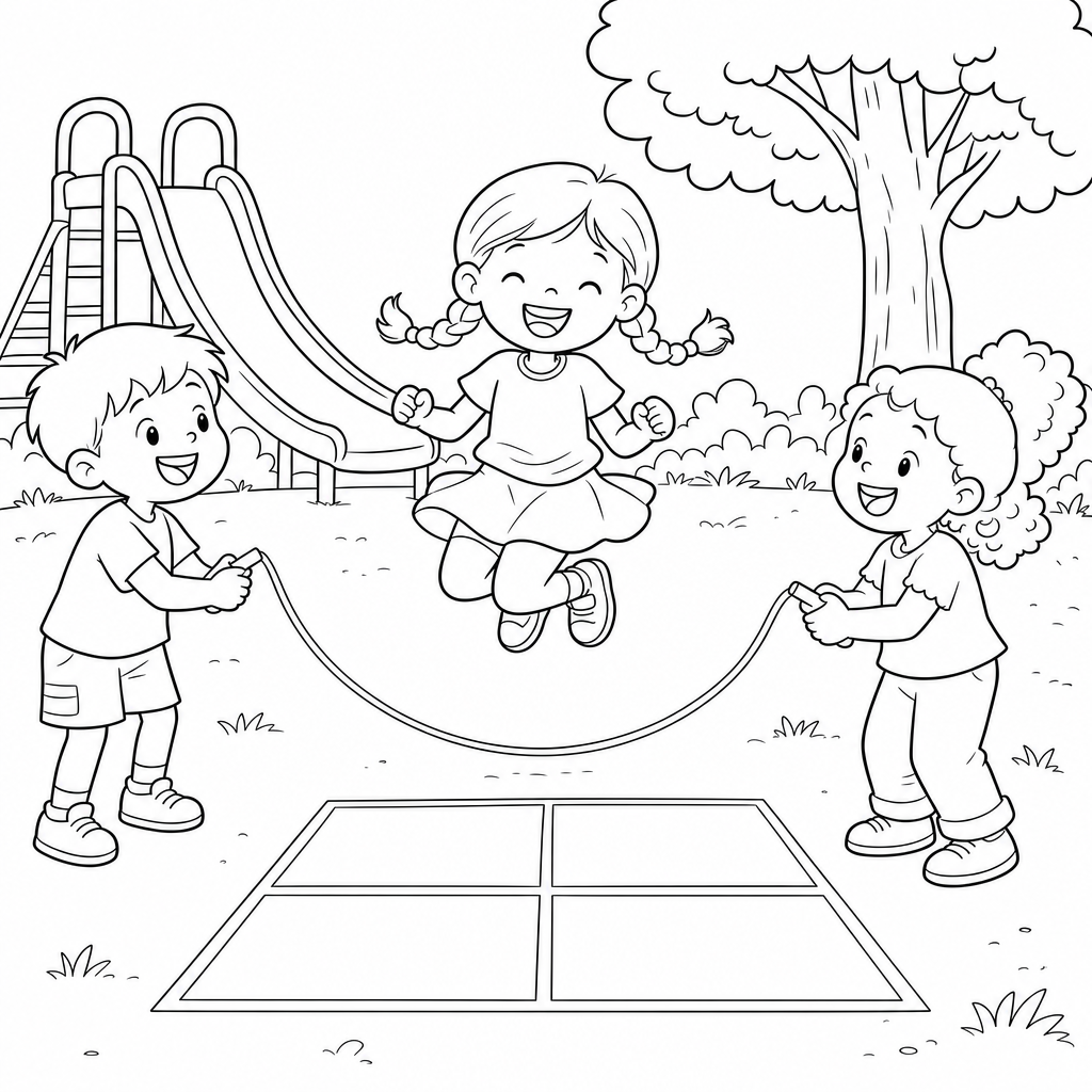 Three first-grade children laugh together on a playground as two turn a long jump rope for the girl jumping in the middle.