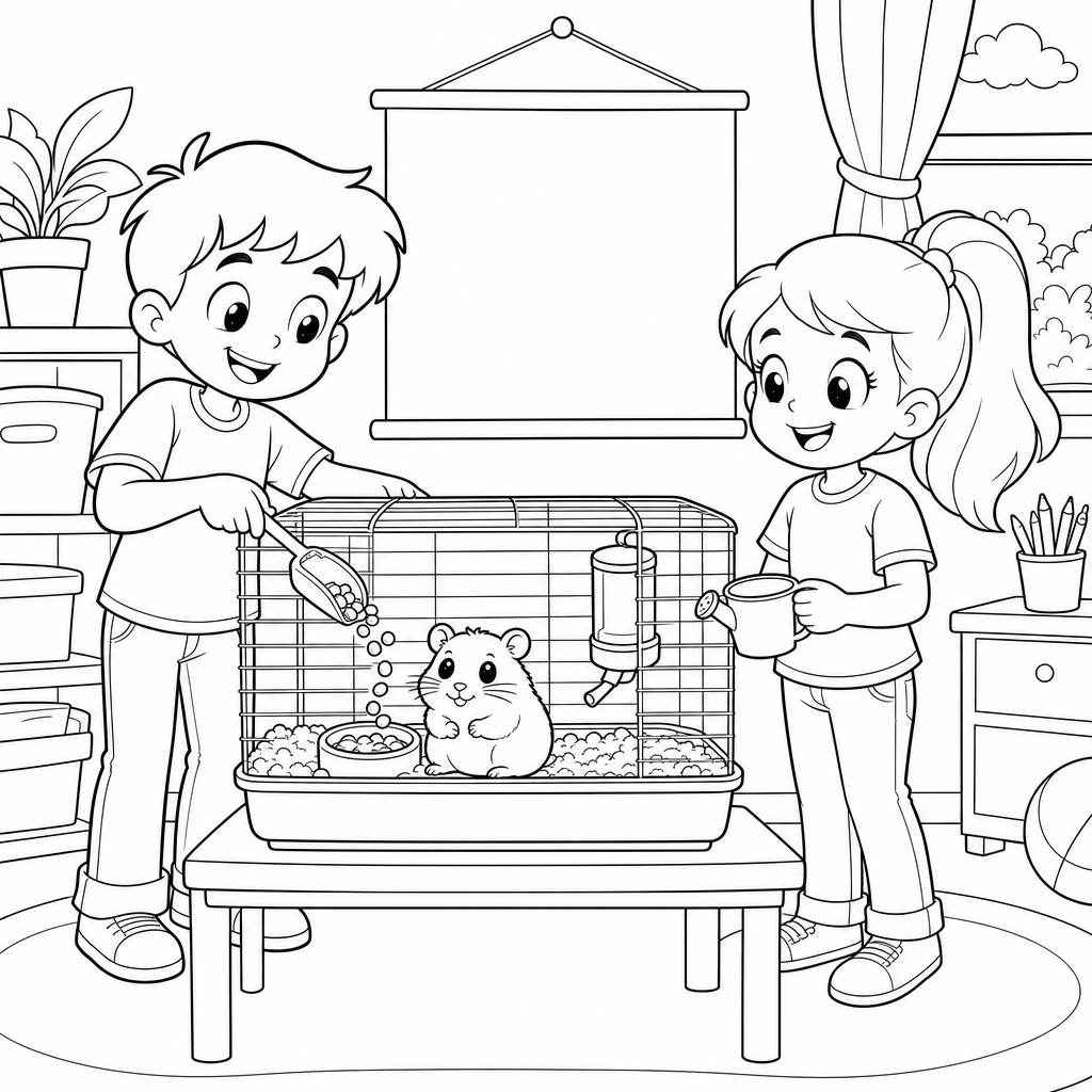 Two first graders stand beside a hamster cage, one scooping pellets and one holding a water cup, while a small hamster sits inside near its food bowl.