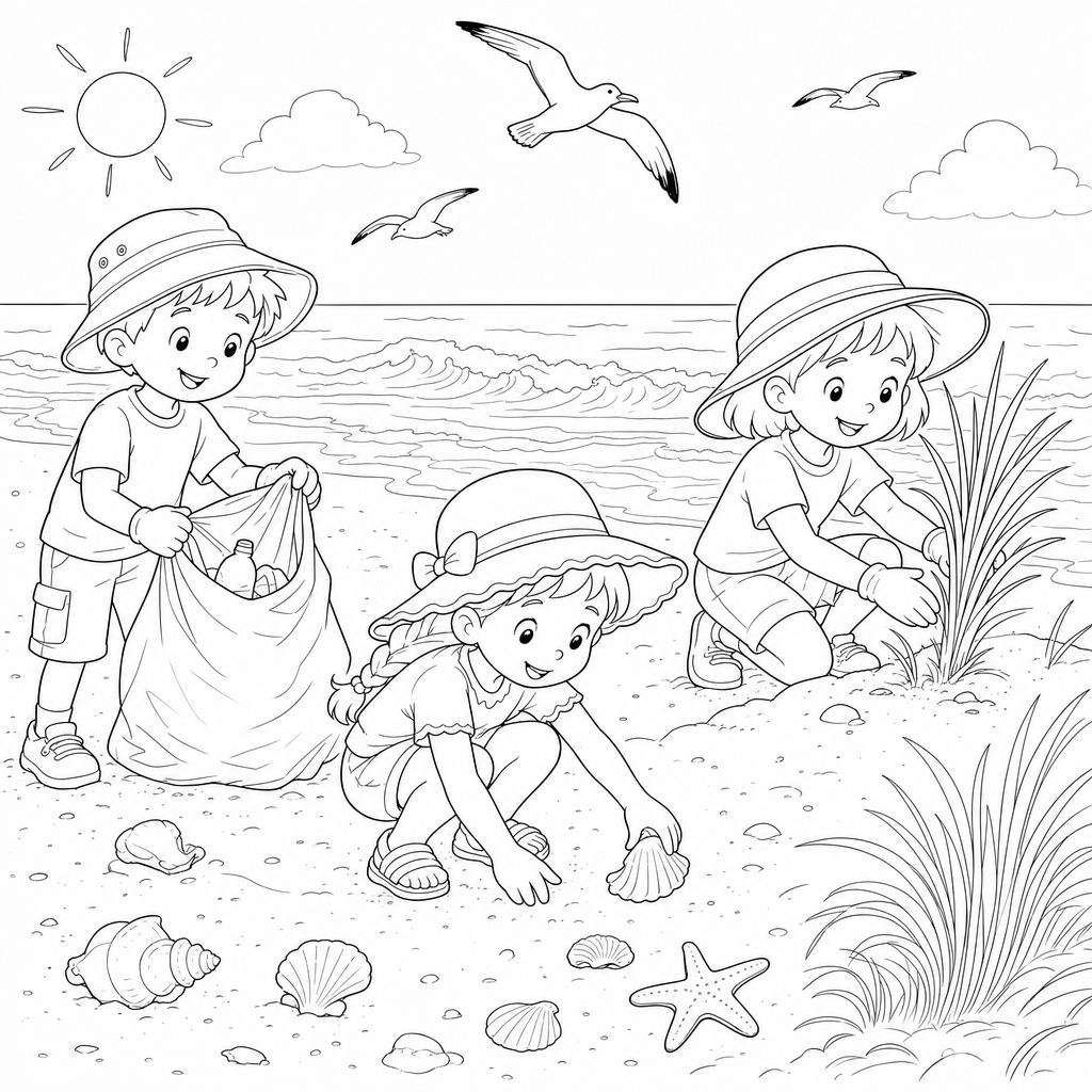 Three first-grade children clean a sunny beach by picking up trash, gathering a seashell, and planting beach grass near a dune.