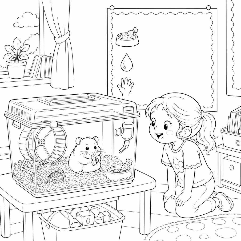 Line drawing of a classroom hamster in a cage with a wheel, water bottle, and wood shavings on a low table.