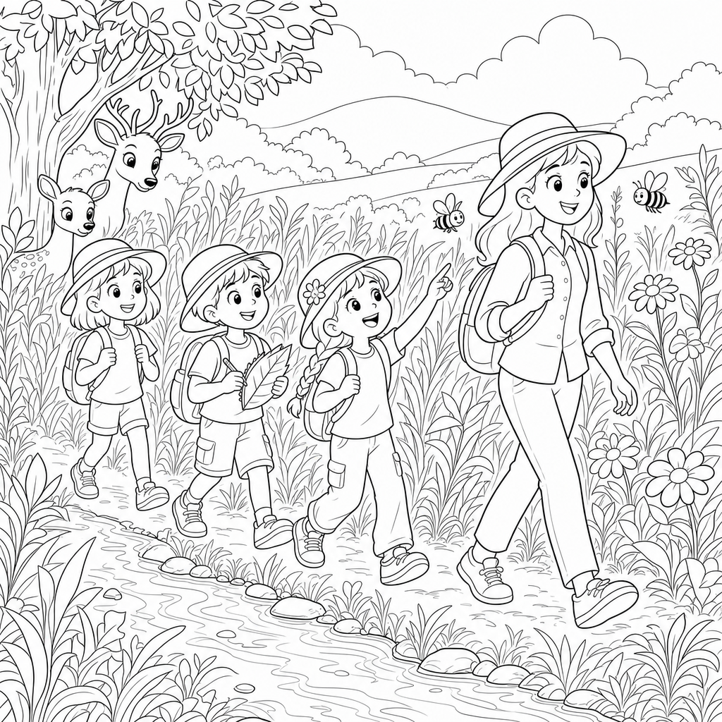Line art of second graders in sun hats walking through a green meadow with their teacher, spotting bees, deer near a tree, and a small stream.