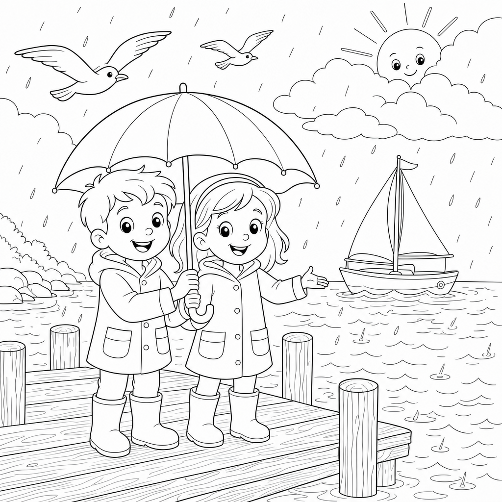Two children in raincoats share an umbrella on a dock as rain falls and a sailboat drifts on the bay under partly cloudy skies.