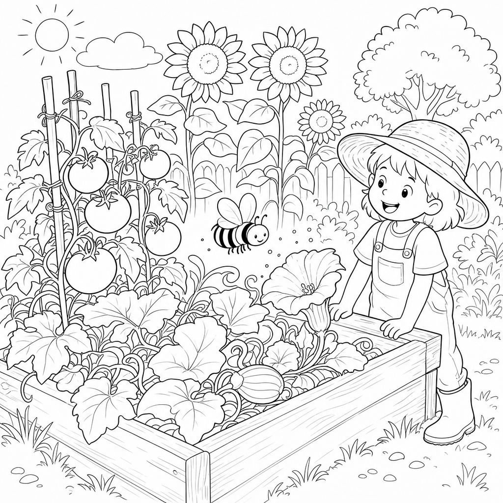 A smiling child in a sunhat watches a honeybee hover near a flower in a backyard vegetable garden with tomatoes and sunflowers.