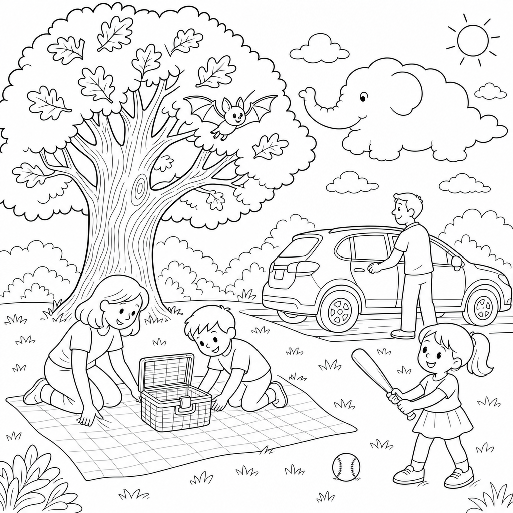 A family picnics at the park under a tree with a baseball bat, a flying bat, a parked car, and an elephant-shaped cloud overhead.