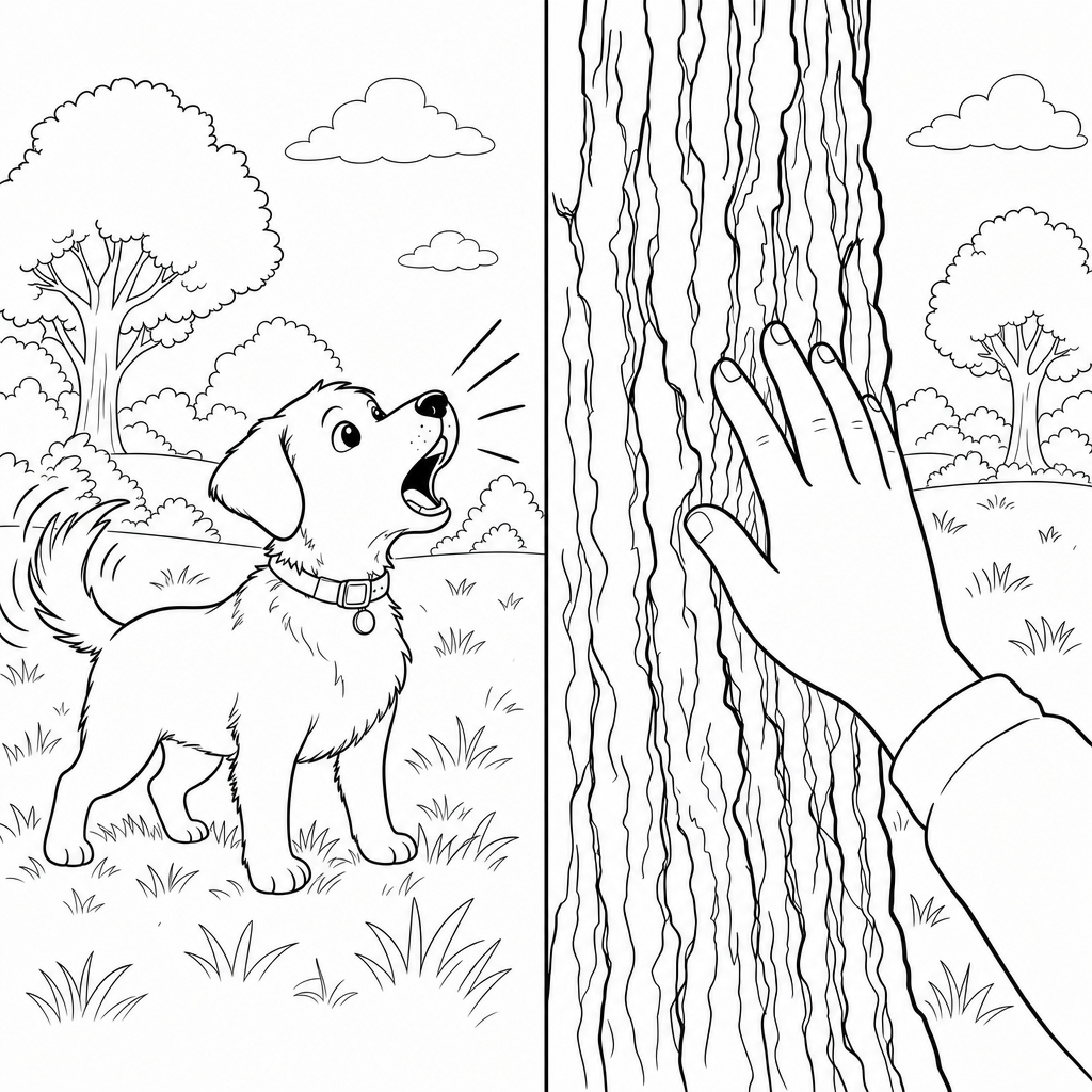 A split picture showing a small dog barking on one side and a hand touching the rough bark of a tree on the other side.