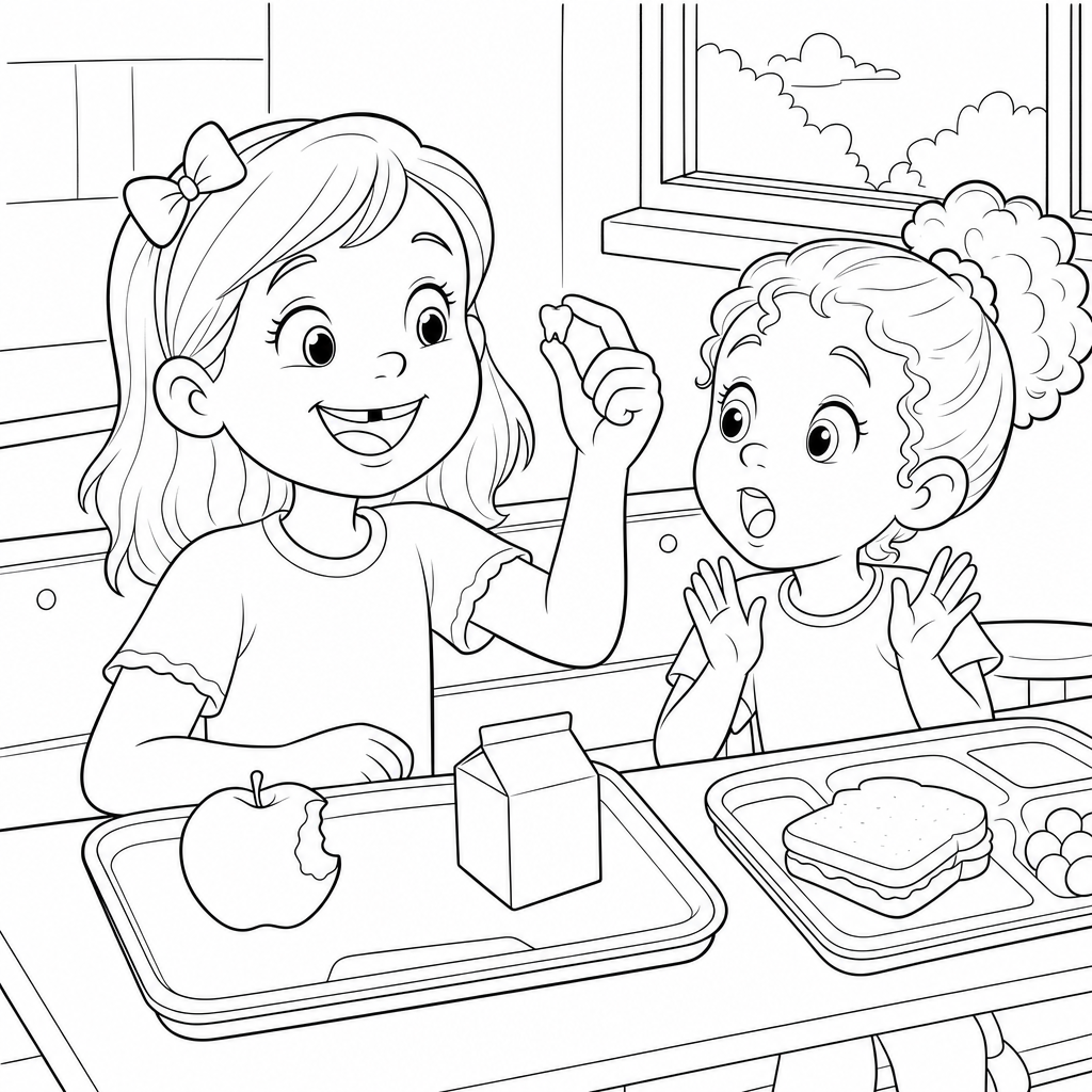 A smiling girl at a school lunch table holds up a tiny tooth while her friend looks on with surprise, a half-eaten apple on her tray.