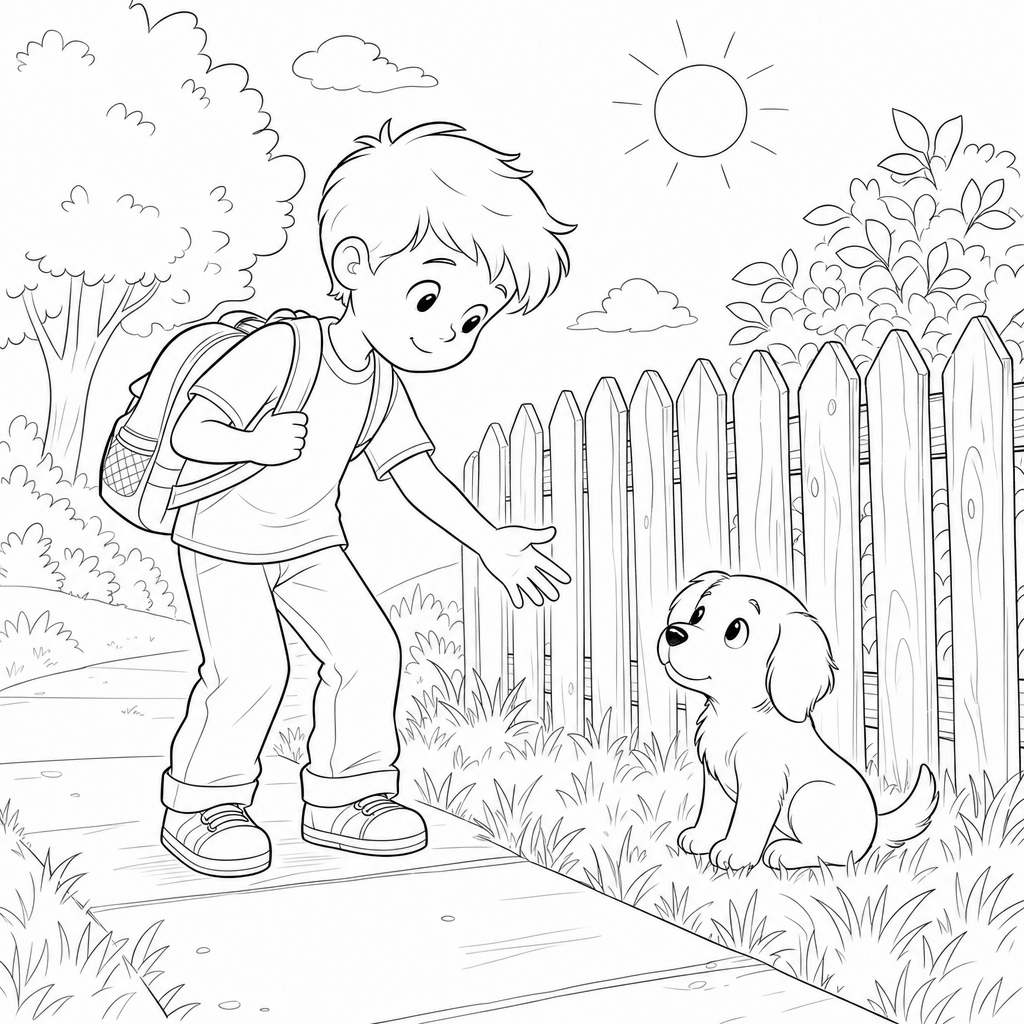 A child with a backpack stops on a sidewalk near a fence and looks kindly at a small puppy sitting in the grass.