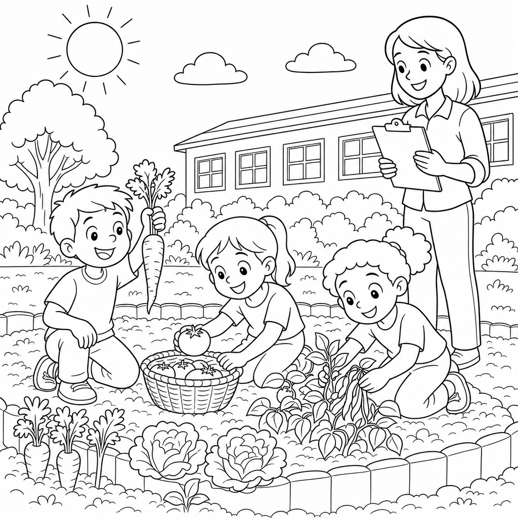 Three students kneel in a school garden picking carrots, tomatoes, and beans into a basket while their teacher watches nearby.