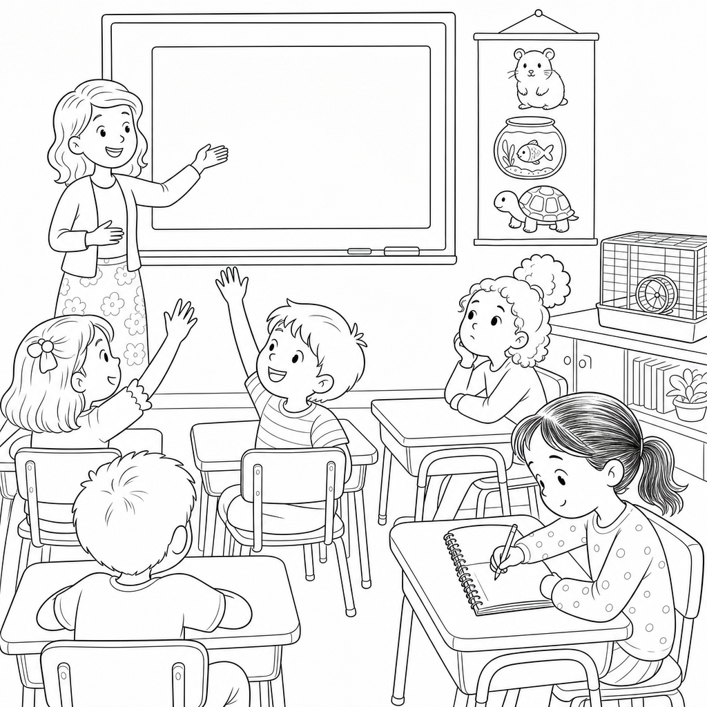 A second grade classroom with a teacher at the whiteboard, students raising hands at desks, an empty pet cage on a counter, and a poster showing a hamster, fish, and turtle.