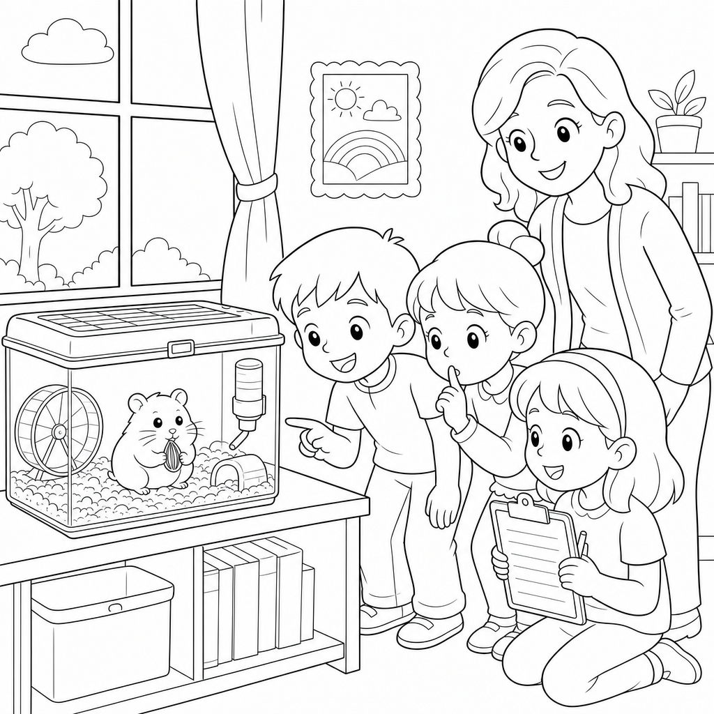 A teacher and three students gather around a hamster cage on a classroom table, watching a small hamster hold a seed.