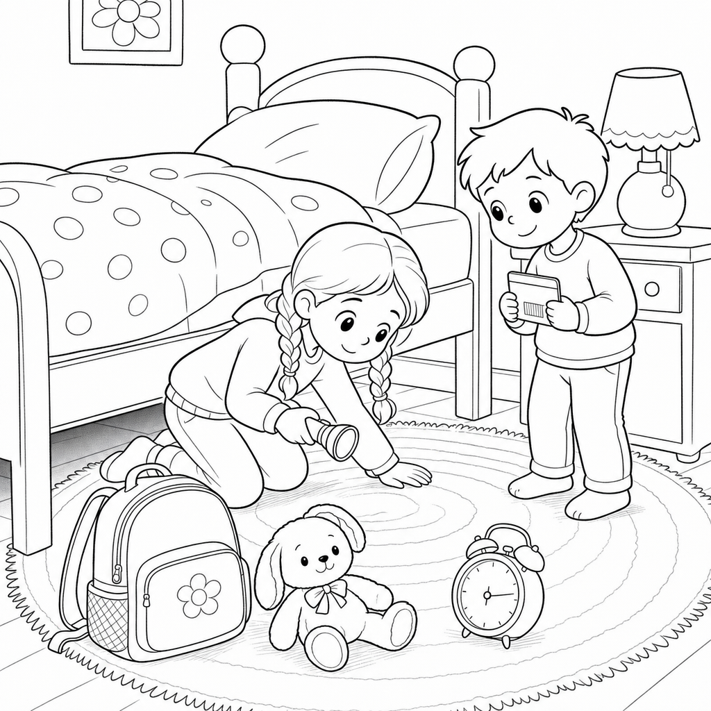 A girl with braids peeks under her bed with a flashlight while her younger brother stands nearby holding a library card in a cozy bedroom.