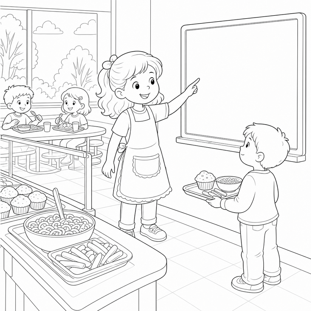 A second-grade girl in an apron points at a cafeteria menu board while a younger child with a lunch tray looks up at her.