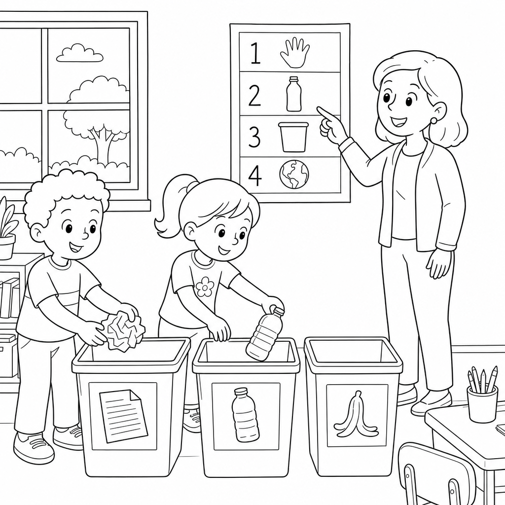 Line art of two second-grade students dropping paper and a bottle into labeled sorting bins while a teacher points to a step chart on the wall.
