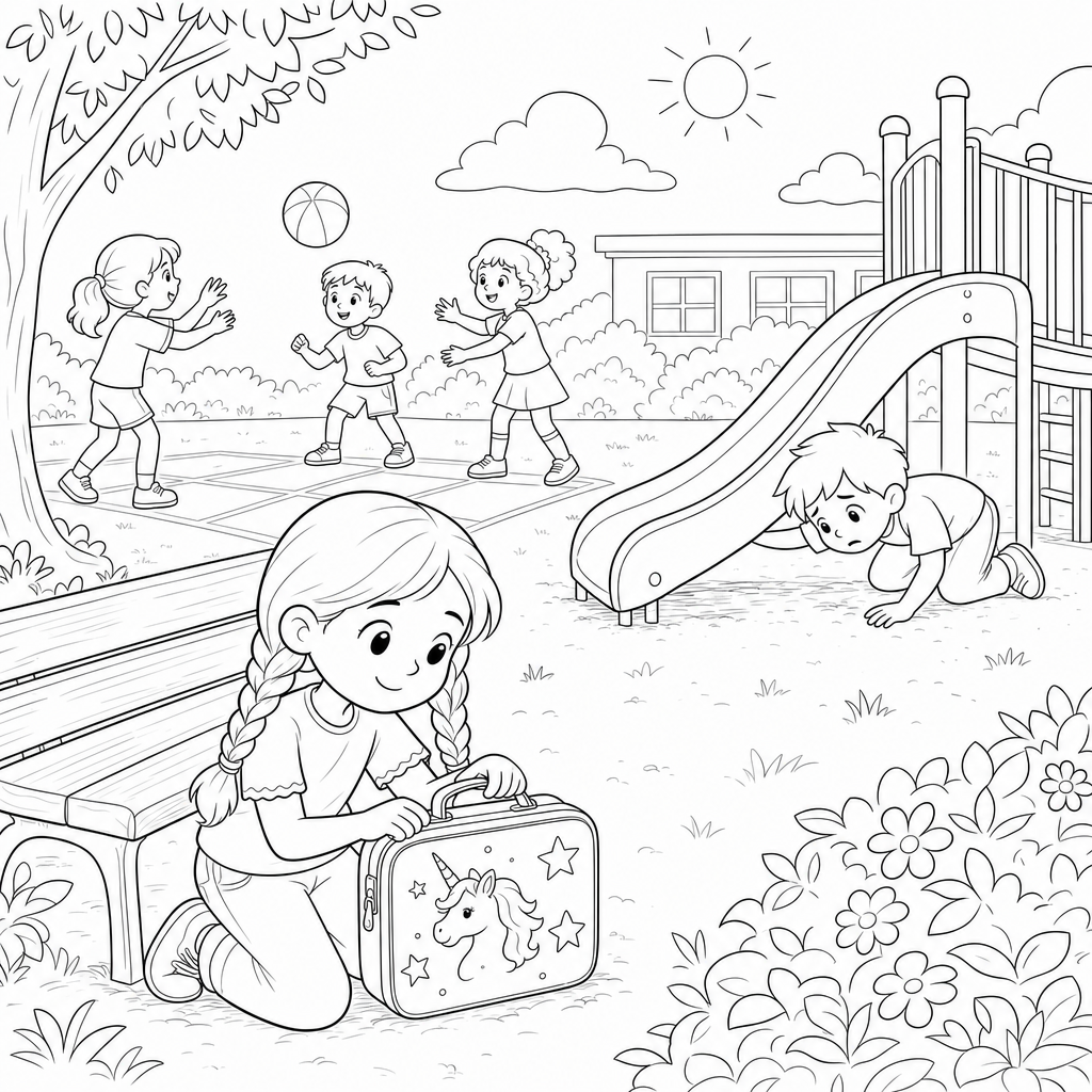 A girl with braids kneels on a playground holding a blue lunchbox covered in star stickers while another child searches near a slide.