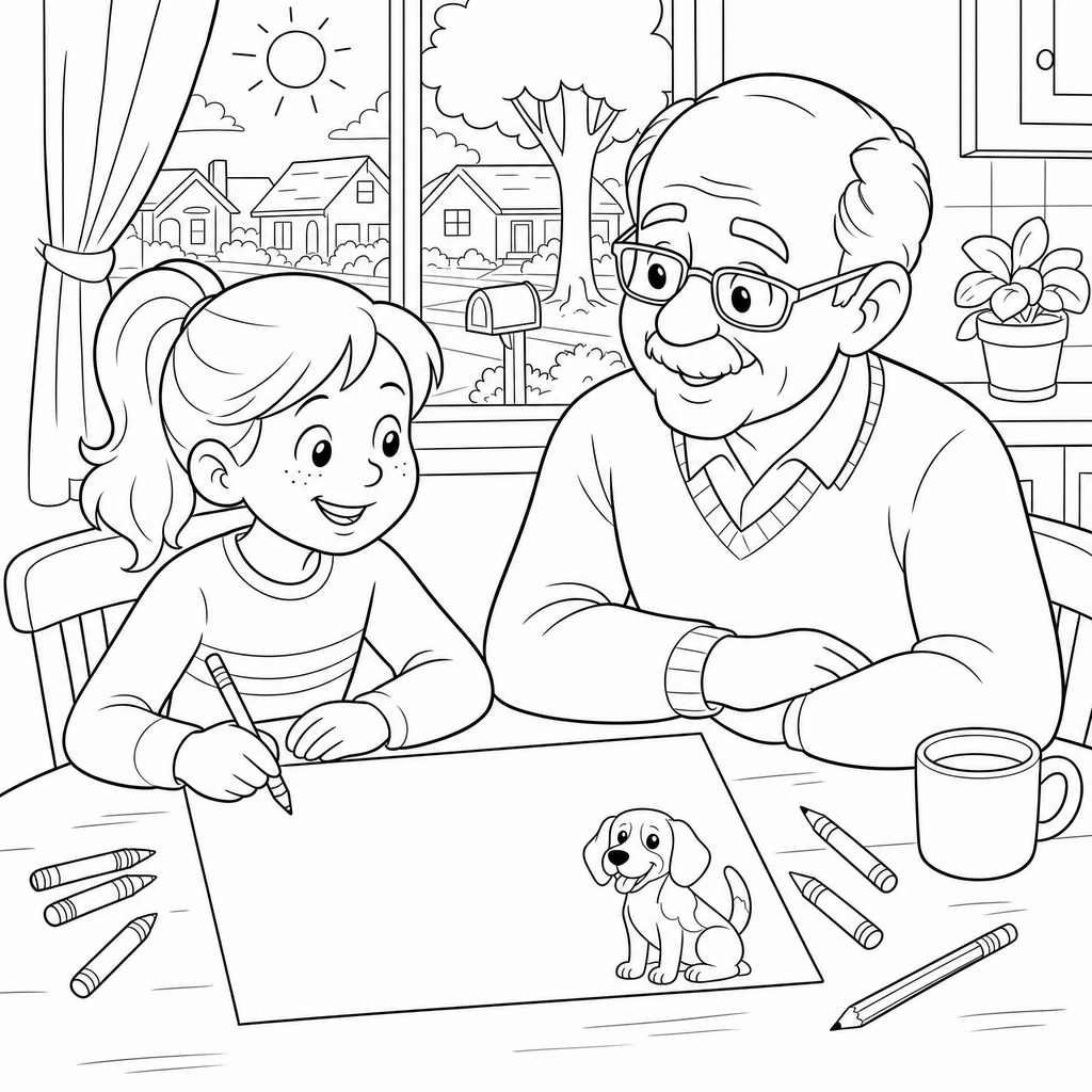 A girl and an older neighbor sit at a kitchen table working on a blank lost dog flyer with a picture of a beagle.