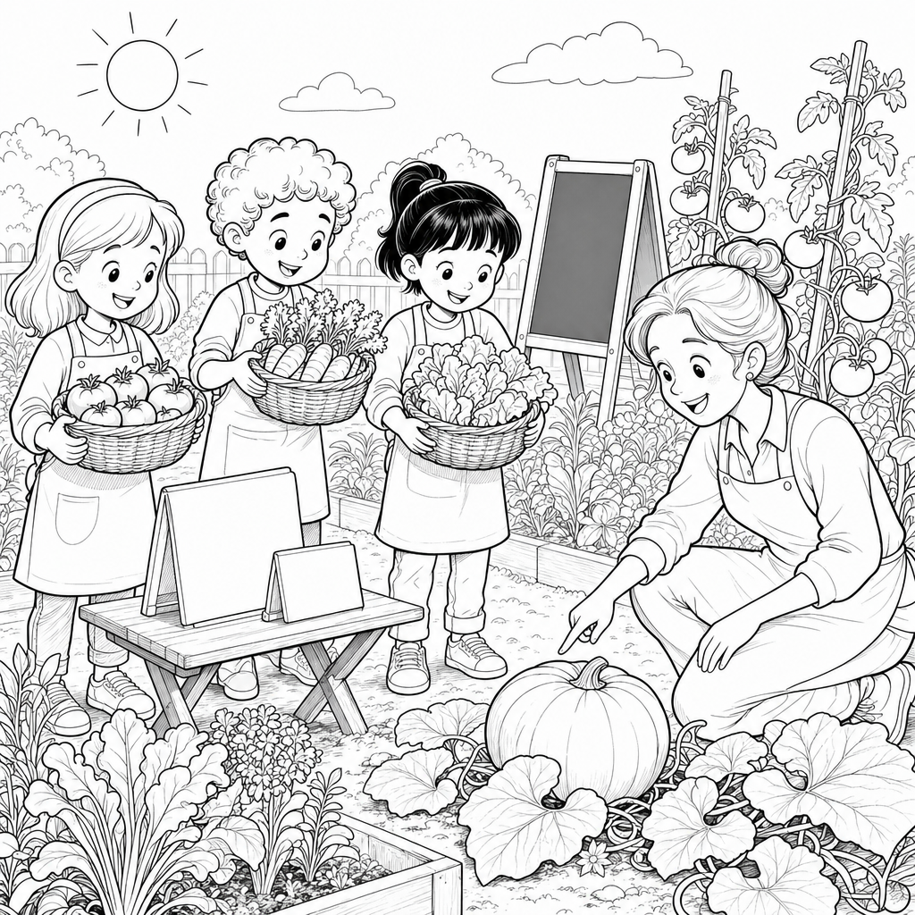 Three third grade students in aprons hold baskets of vegetables in a school garden while their teacher kneels by a pumpkin near a small wooden stand.