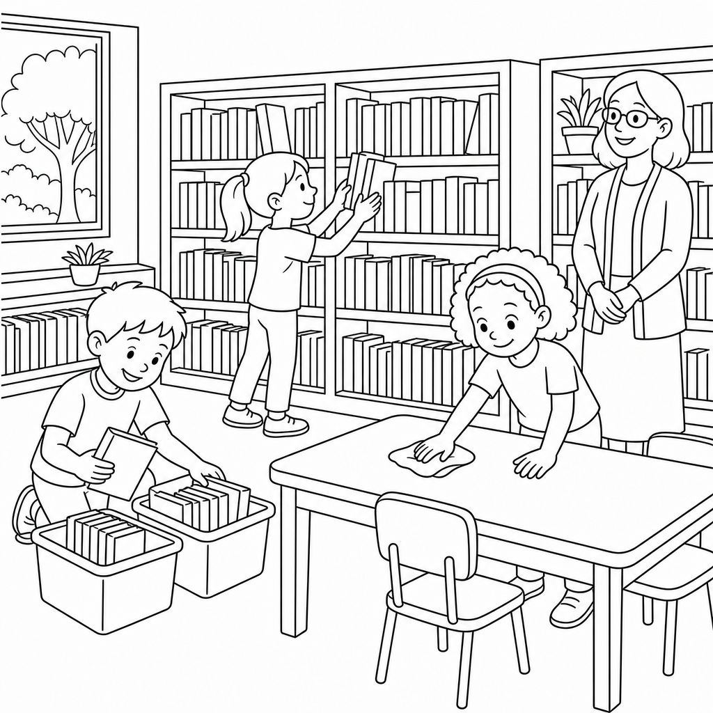 Students help keep a school library neat while classmates choose books quietly.