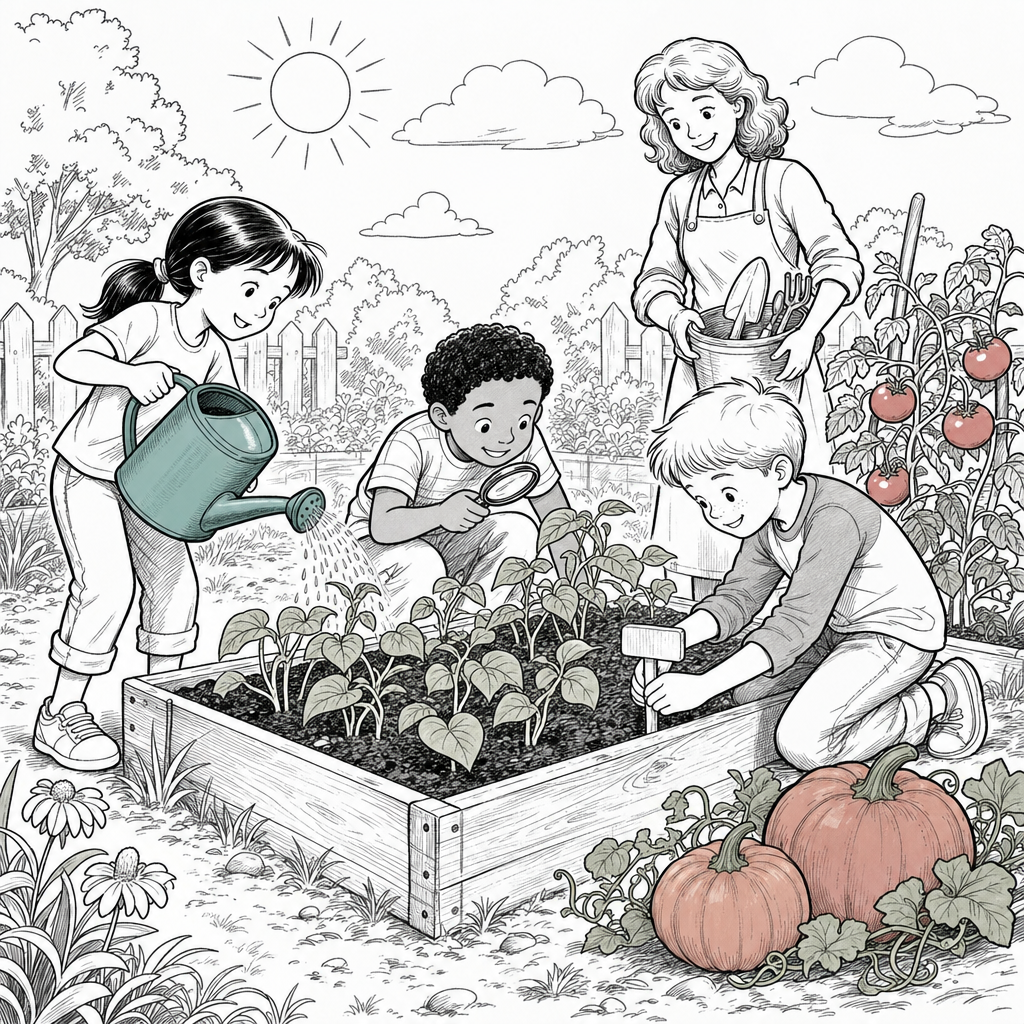Line art of third grade students and their teacher working together in a school garden, watering plants, checking leaves, and placing a blank plant marker.