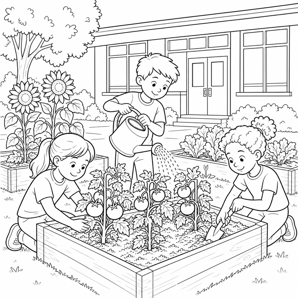 Students care for a school garden and observe plants growing in neat rows.