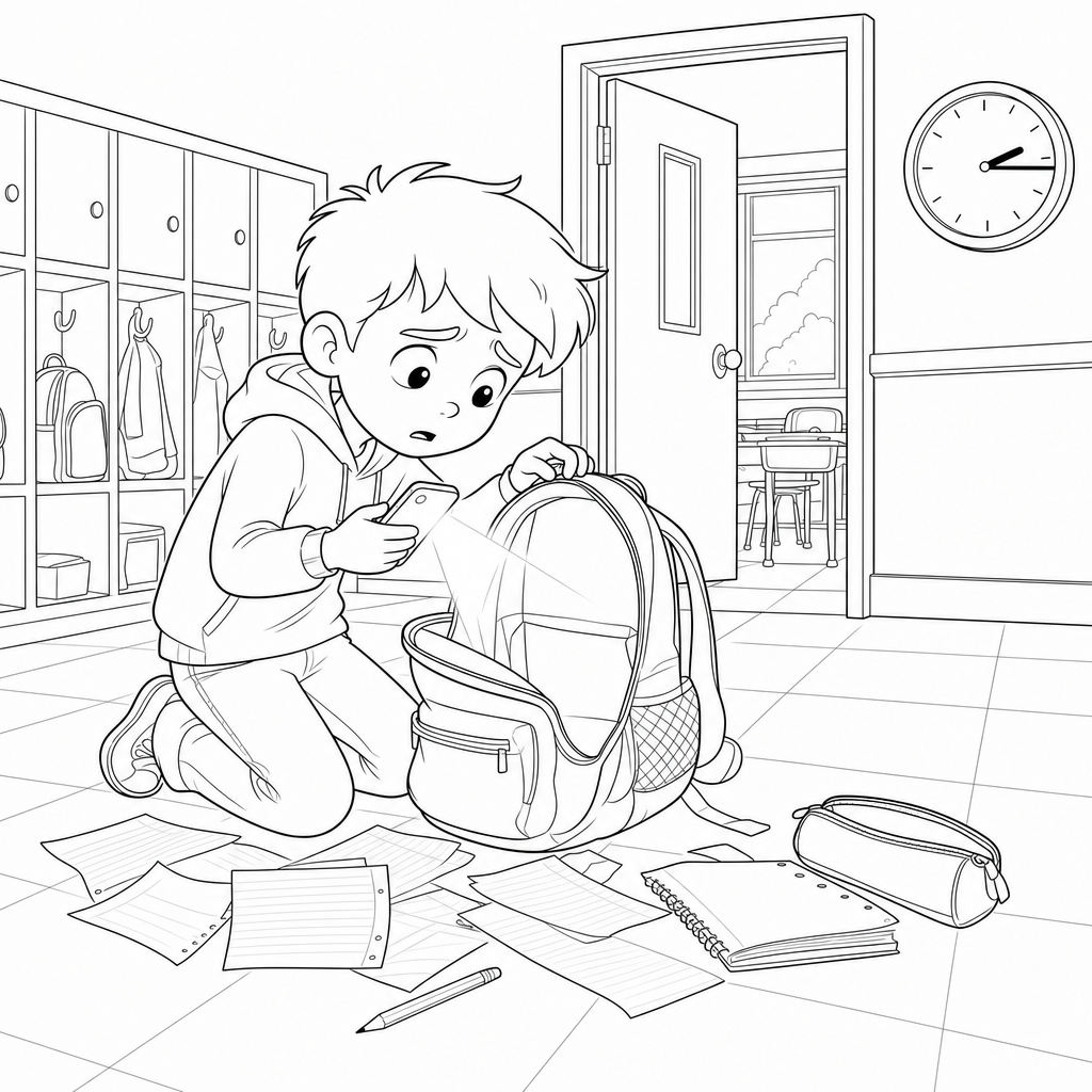A third-grade student kneels in a school hallway searching an open backpack with spilled papers while a wall clock shows the afternoon time.