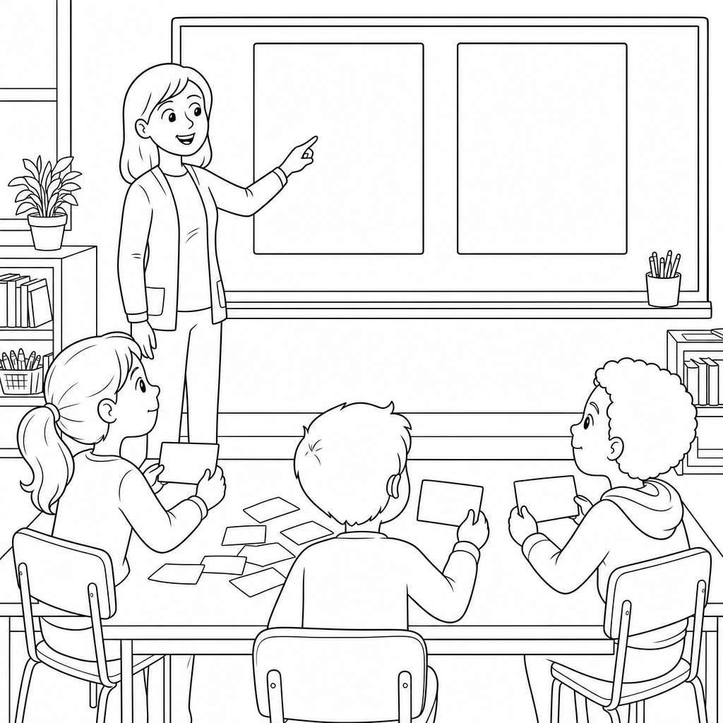 A teacher at a board with two empty rectangles while three students at a table hold blank word cards, ready for a sorting activity.