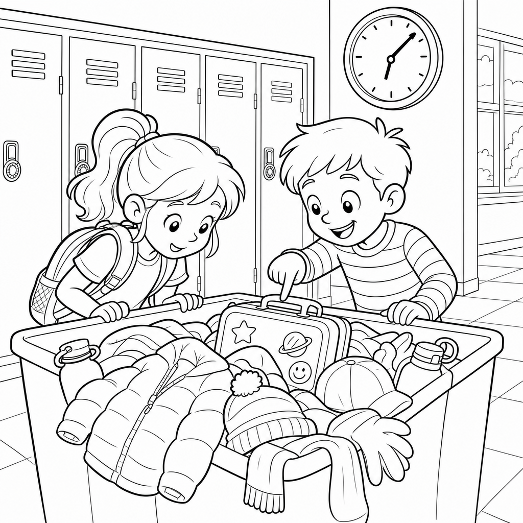 Two third-grade students search through an overflowing lost-and-found bin in a school hallway, spotting a lunchbox with stickers.